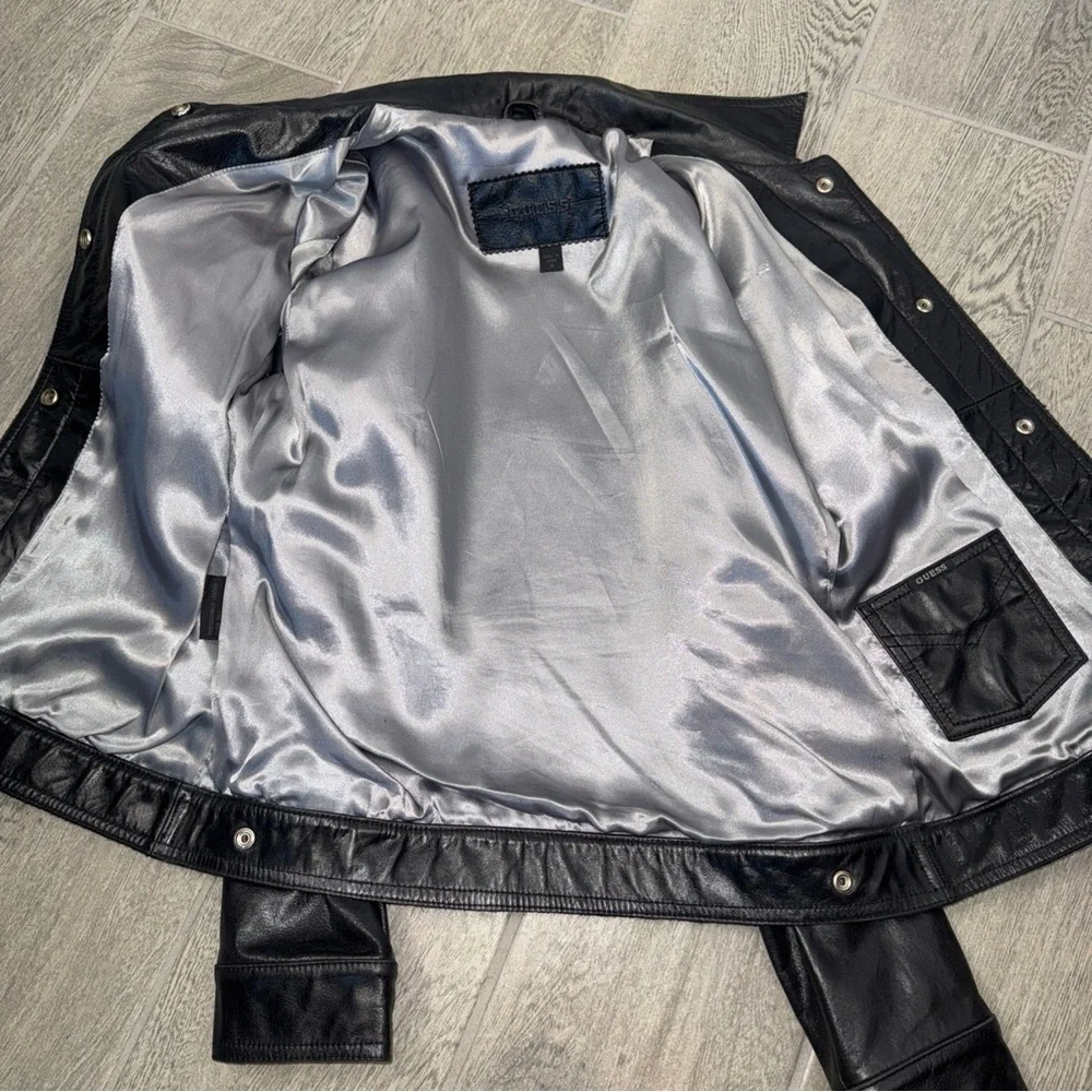 GUESS Jacket‎ Women’s S Black Genuine Leather 5-Snap Button Front Trucker *READ